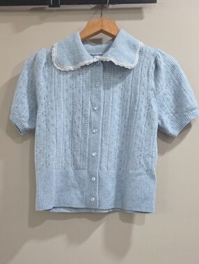 Light Blue Lace Collar Knit Cardigan